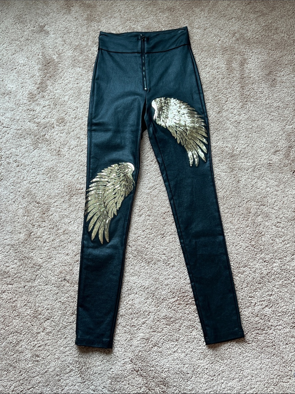 Upscaled High-Waist Faux Leather Legging with Gold Wing Embellishments